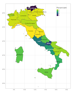 A map of Italy with the percentage of dark firms for each NUTS2 region.