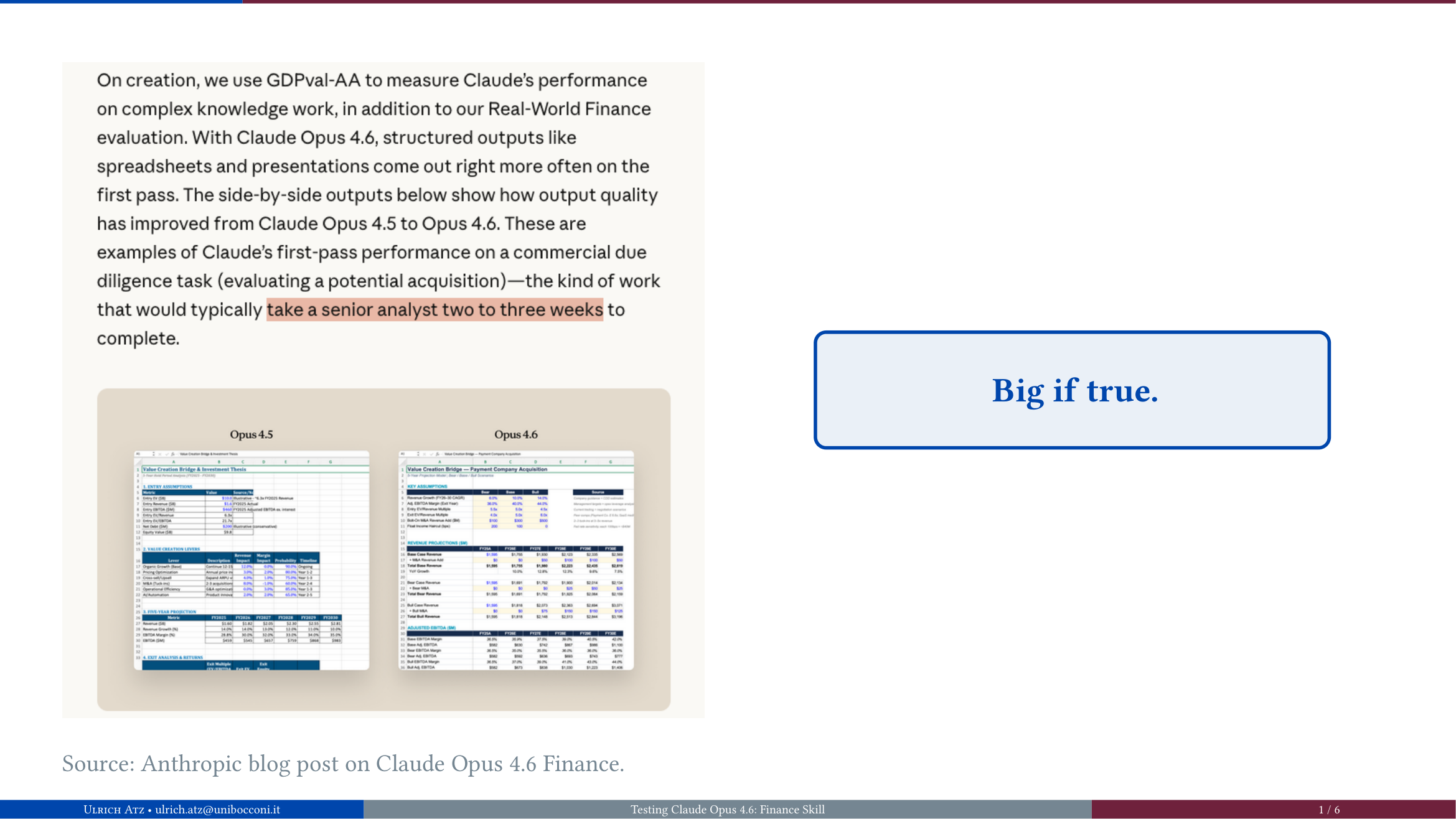 Screenshot of the Anthropic blog post announcing Claude Opus 4.6 Finance with the caption Big if true.