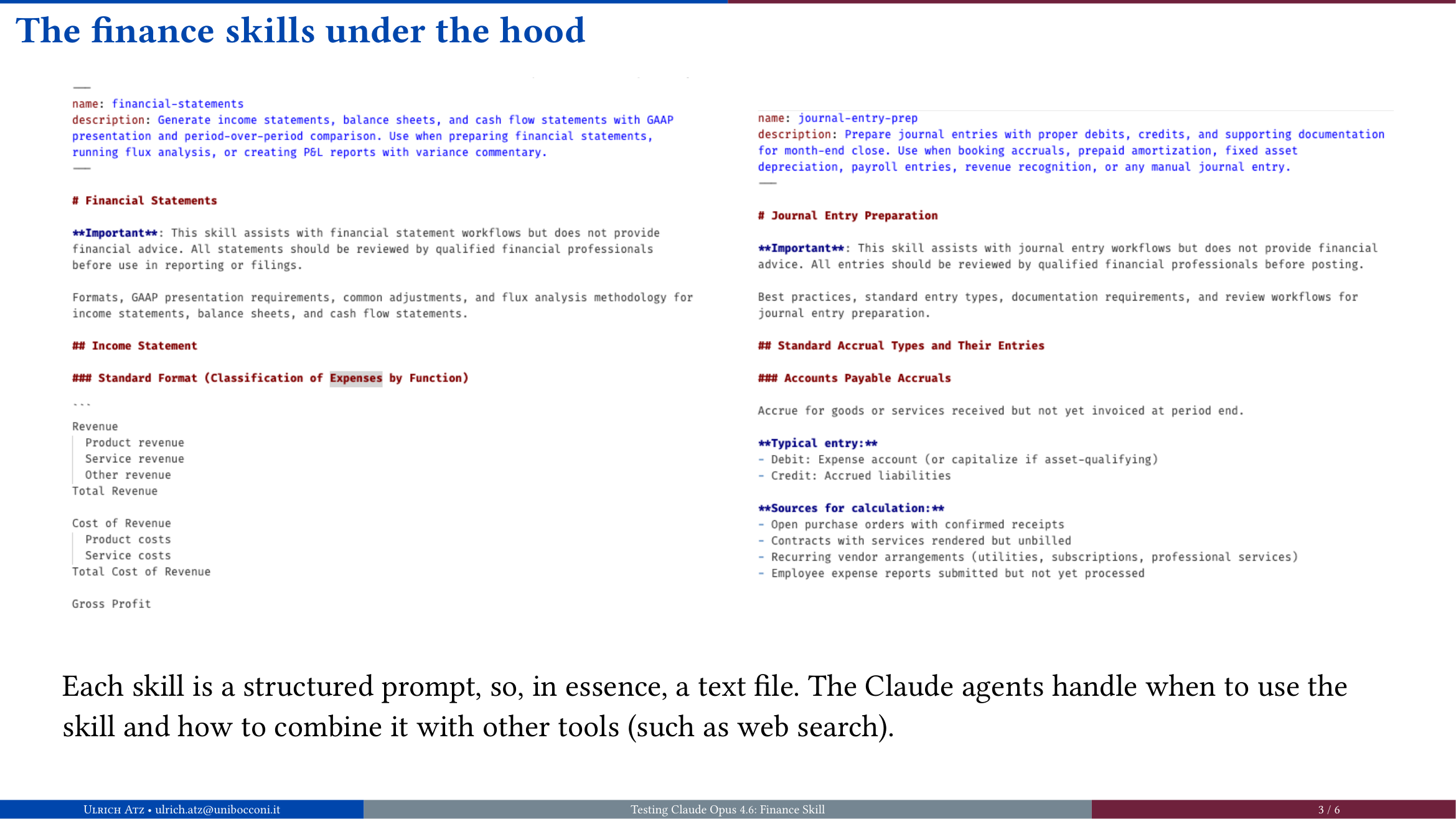 Slide showing two finance skills: the finance skill prompt and the journal entry skill prompt.