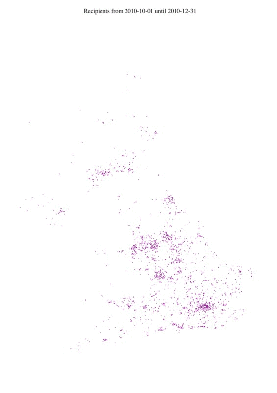 A gif of a map of the UK with increasing number of recipients.
