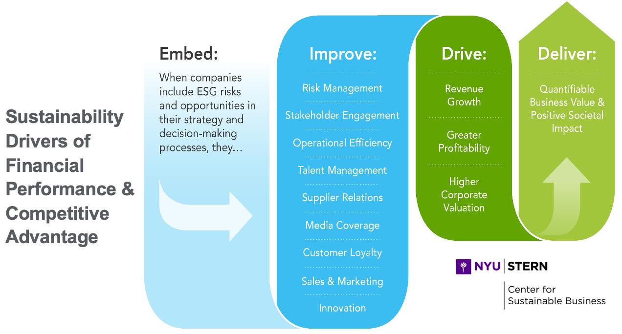The ROSI framework: when companies include ESG risks and opportunities in their strategy and decision-making process, they improve risk management, stakeholder engagement, operational efficiency, etc., that drive revenue growth, profitability, and valuation.